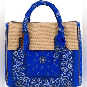 ViaMailBag Italian Made Blue Bandana Print Raffia Trim Tote Handbag
